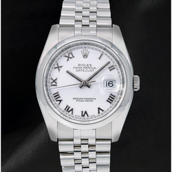 Rolex Datejust 116200 36 mm Edelstahluhr mit weißem Zifferblatt und römischen Ziffern