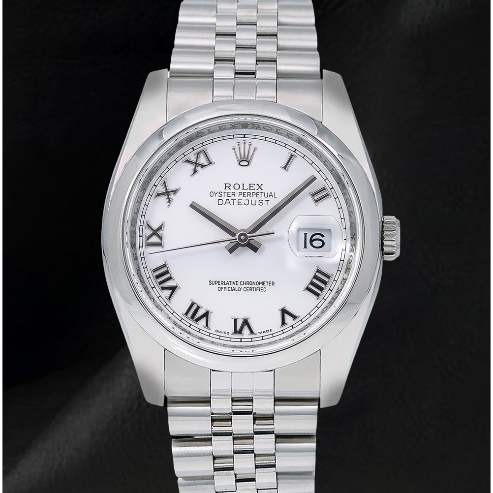Rolex Datejust 116200 36 mm Edelstahluhr mit weißem Zifferblatt und römischen Ziffern