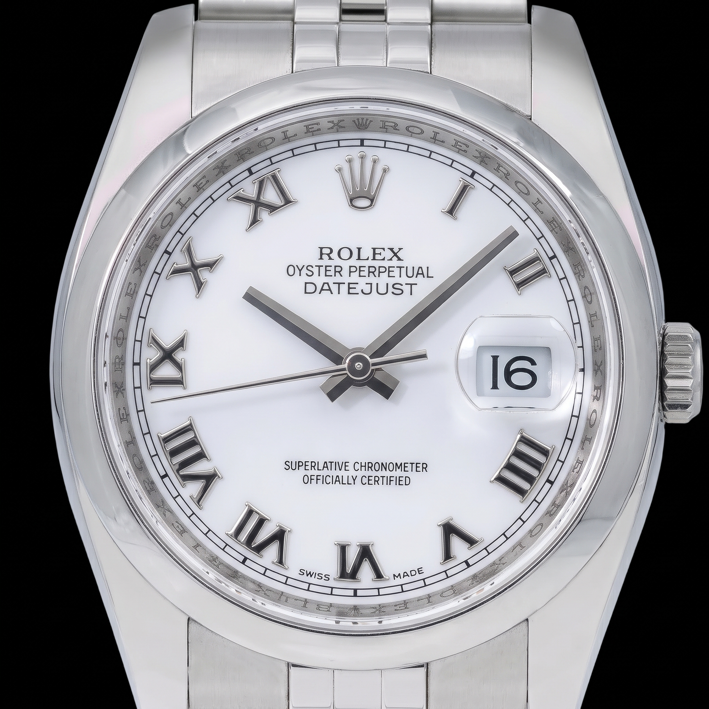 Rolex Datejust 116200 36 mm Edelstahluhr mit weißem Zifferblatt und römischen Ziffern
