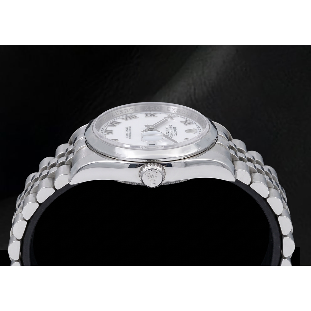 Rolex Datejust 116200 36 mm Edelstahluhr mit weißem Zifferblatt und römischen Ziffern