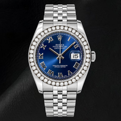 Rolex Datejust 116200 36 mm Uhr aus Edelstahl mit blauem Zifferblatt und römischen Ziffern