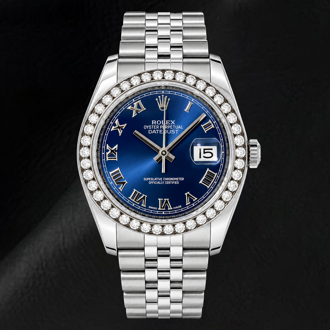Rolex Datejust 116200 36 mm Uhr aus Edelstahl mit blauem Zifferblatt und römischen Ziffern