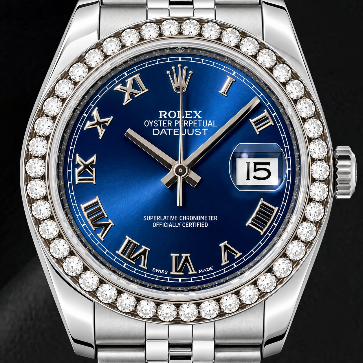 Rolex Datejust 116200 36 mm Uhr aus Edelstahl mit blauem Zifferblatt und römischen Ziffern