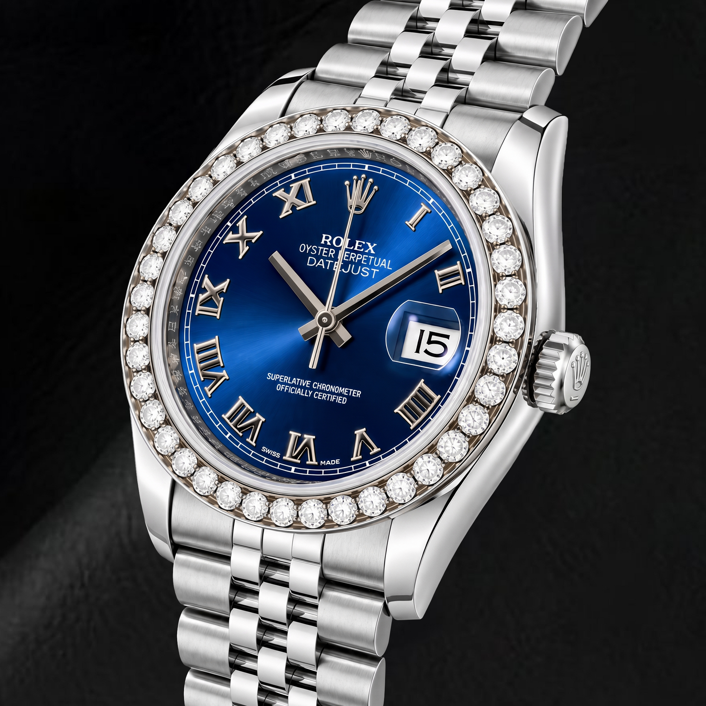 Rolex Datejust 116200 36 mm Uhr aus Edelstahl mit blauem Zifferblatt und römischen Ziffern