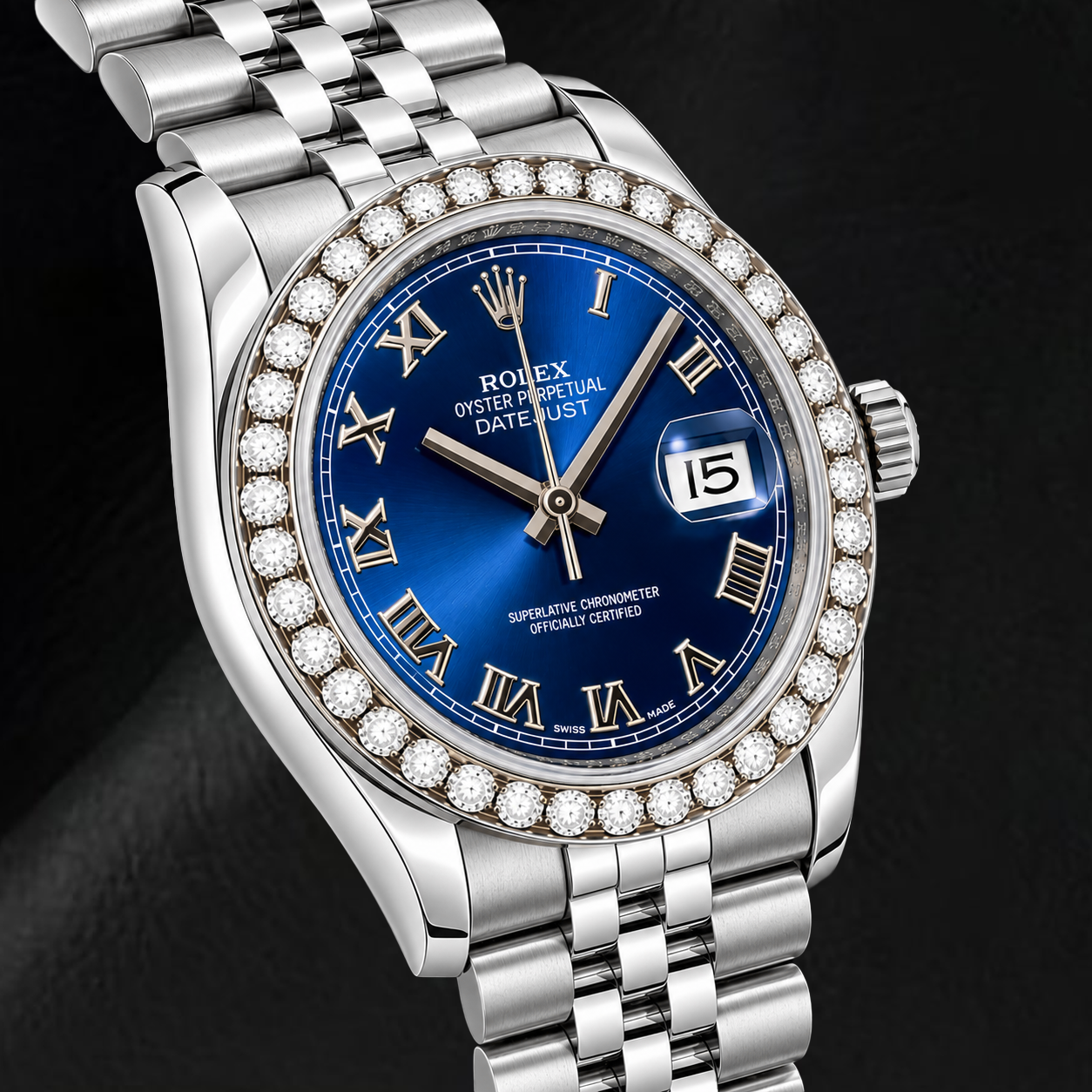 Rolex Datejust 116200 36 mm Uhr aus Edelstahl mit blauem Zifferblatt und römischen Ziffern