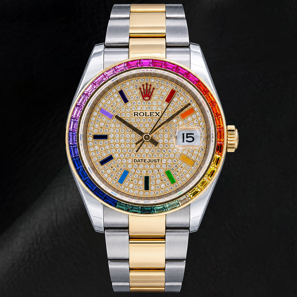 Rolex Datejust 116203 36 mm Bicolor Uhr mit Diamant-Pavé Regenbogen Zifferblatt mit ostarabischen Ziffern