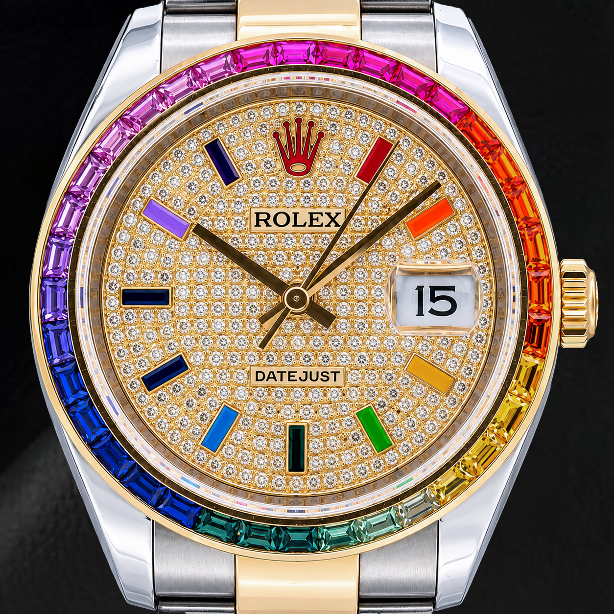 Rolex Datejust 116203 36 mm Bicolor Uhr mit Diamant-Pavé Regenbogen Zifferblatt mit ostarabischen Ziffern