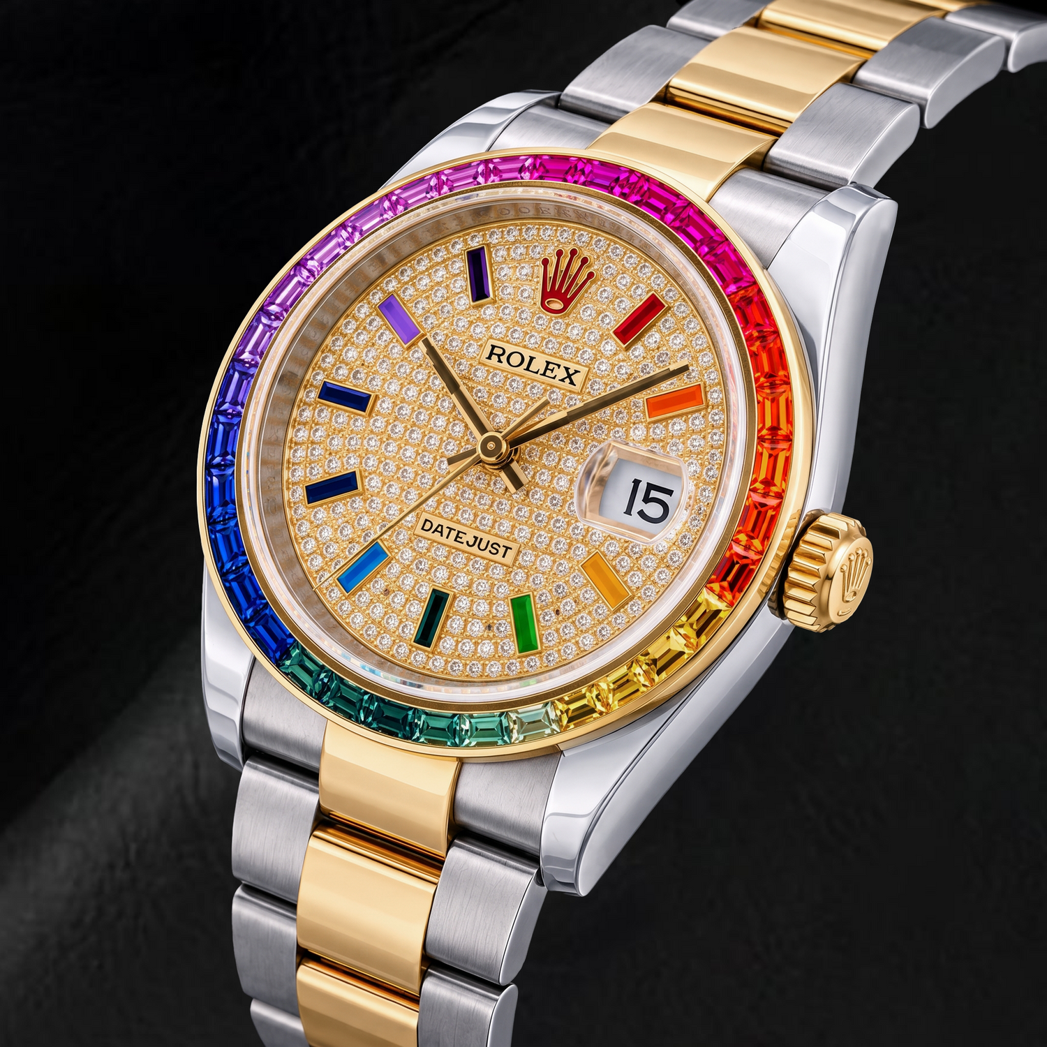 Rolex Datejust 116203 36 mm Bicolor Uhr mit Diamant-Pavé Regenbogen Zifferblatt mit ostarabischen Ziffern