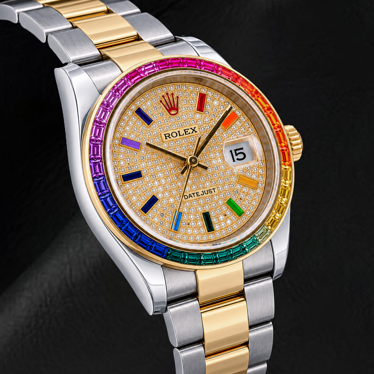 Rolex Datejust 116203 36 mm Bicolor Uhr mit Diamant-Pavé Regenbogen Zifferblatt mit ostarabischen Ziffern