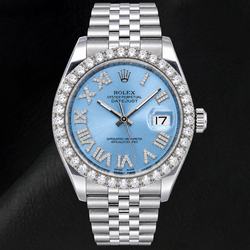Rolex Datejust 116234 36 mm Edelstahl Uhr mit eisblauem Diamantzifferblatt und römischen Ziffern