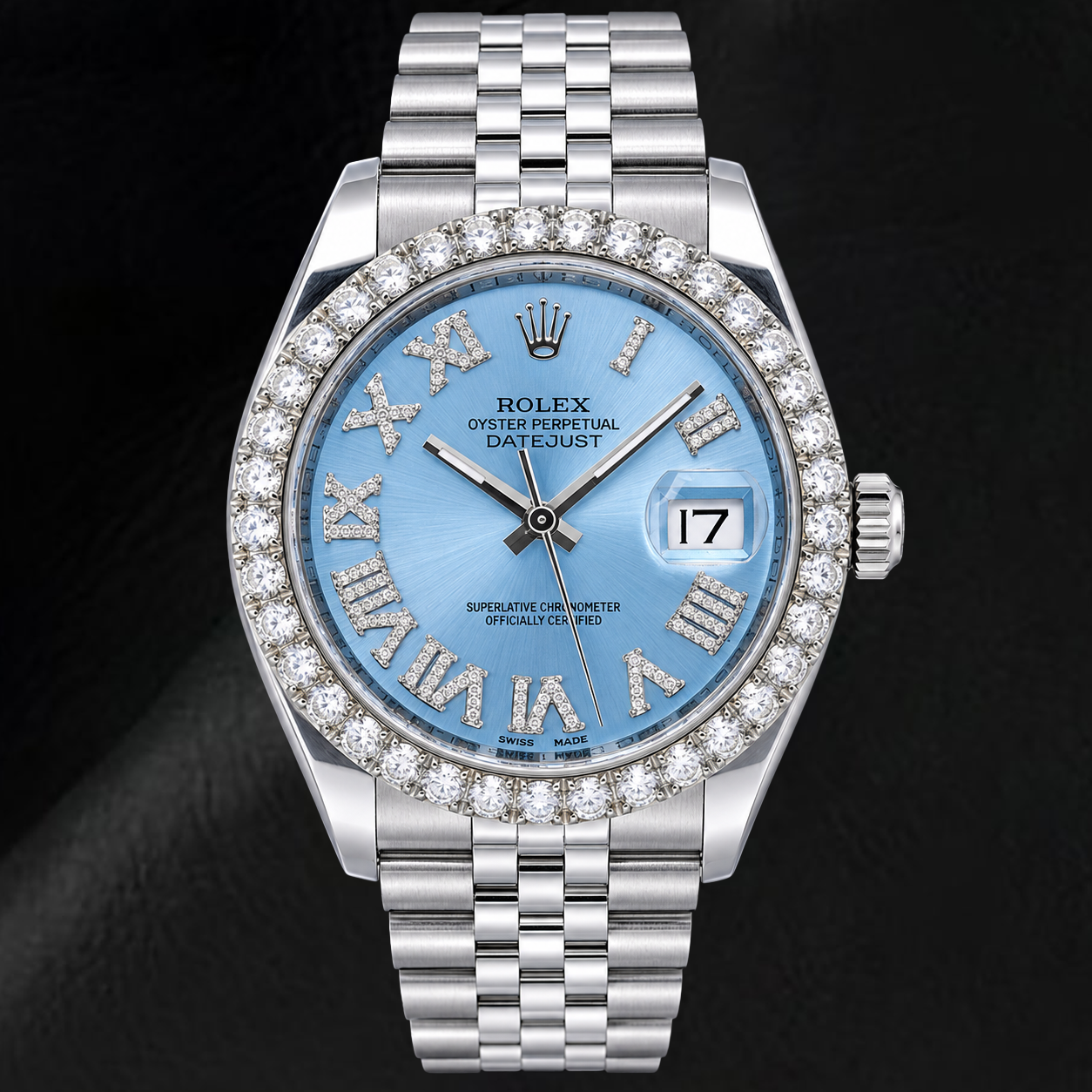 Rolex Datejust 116234 36 mm Edelstahl Uhr mit eisblauem Diamantzifferblatt und römischen Ziffern