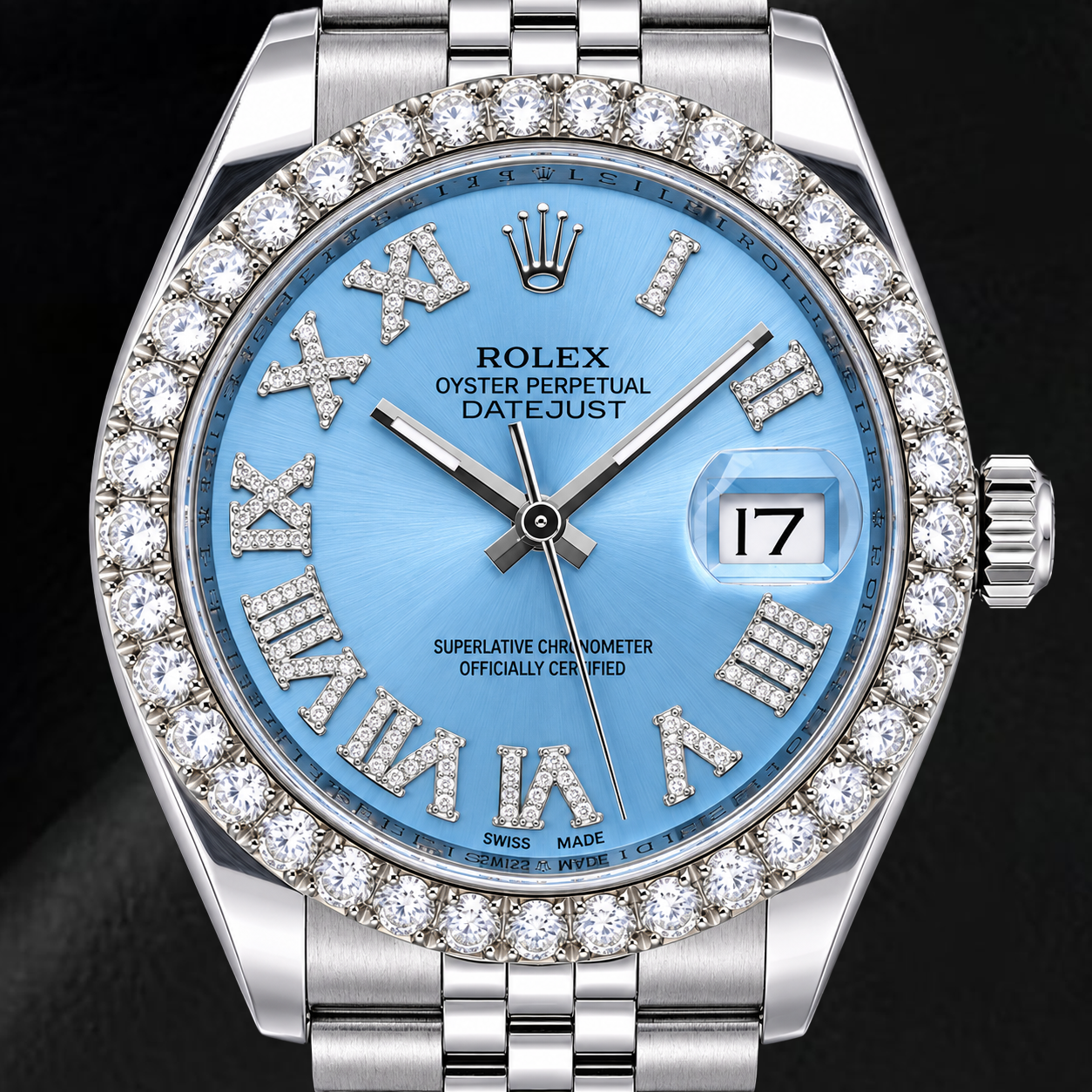 Rolex Datejust 116234 36 mm Edelstahl Uhr mit eisblauem Diamantzifferblatt und römischen Ziffern