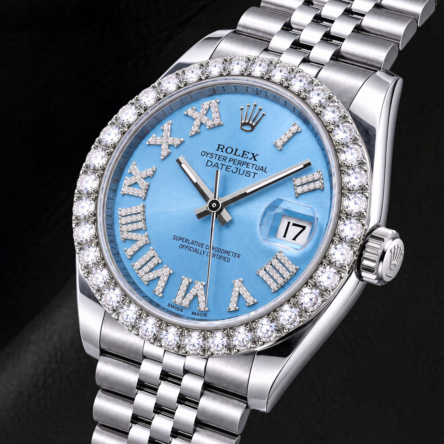 Rolex Datejust 116234 36 mm Edelstahl Uhr mit eisblauem Diamantzifferblatt und römischen Ziffern