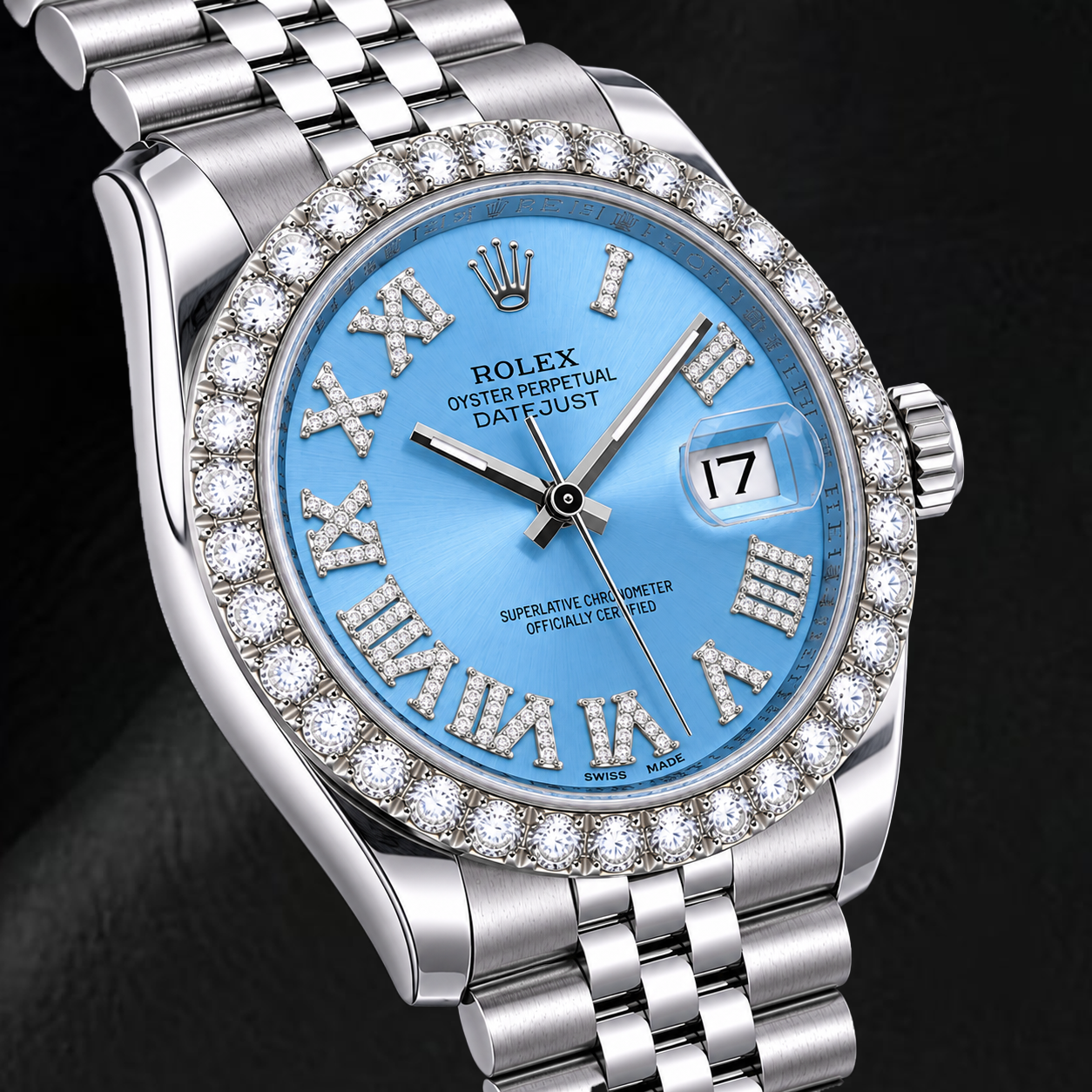 Rolex Datejust 116234 36 mm Edelstahl Uhr mit eisblauem Diamantzifferblatt und römischen Ziffern