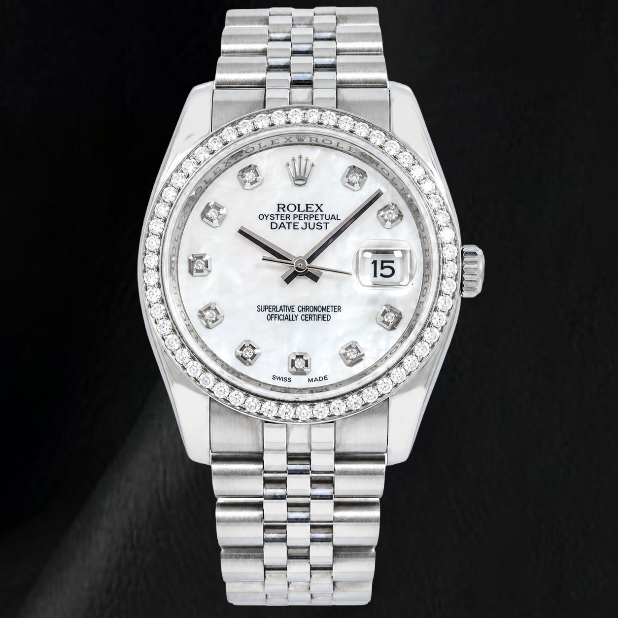 Rolex Datejust 116234 36 mm Edelstahl-Uhr mit weißem Perlmutt-Diamantzifferblatt