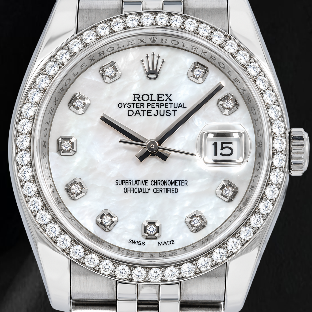 Rolex Datejust 116234 36 mm Edelstahl-Uhr mit weißem Perlmutt-Diamantzifferblatt