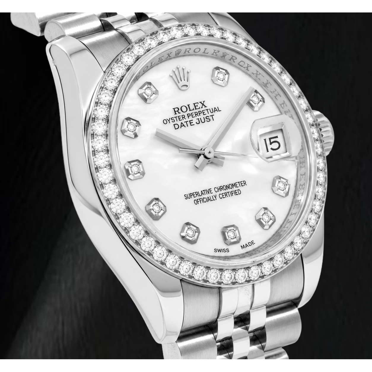 Rolex Datejust 116234 36 mm Edelstahl-Uhr mit weißem Perlmutt-Diamantzifferblatt