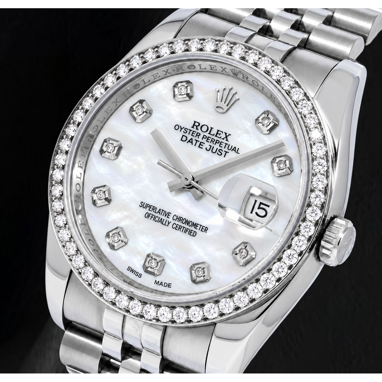 Rolex Datejust 116234 36 mm Edelstahl-Uhr mit weißem Perlmutt-Diamantzifferblatt