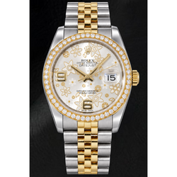 Rolex Datejust 116243 36 mm Bicolor Uhr mit silbernem floralem Zifferblatt und arabischen Ziffern