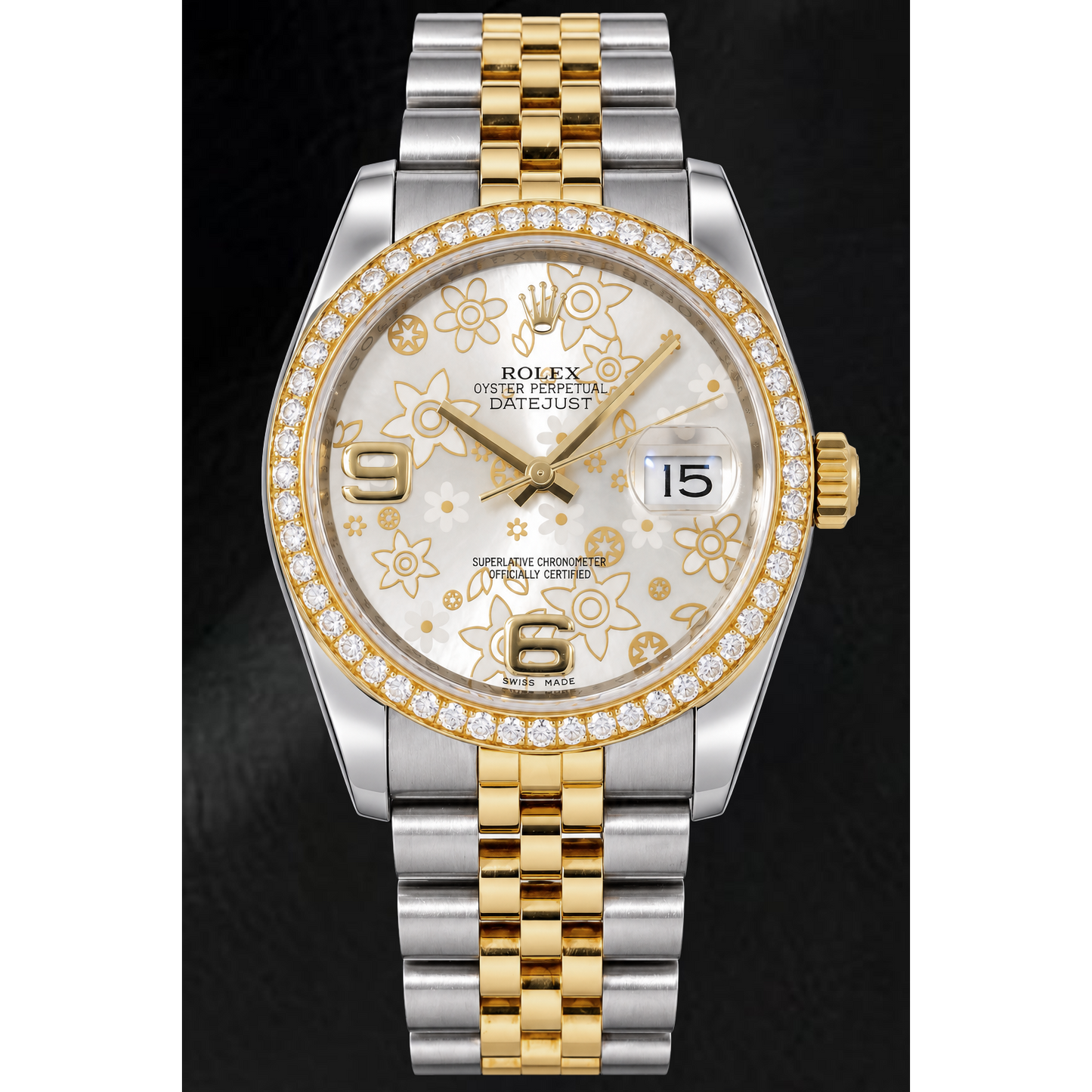 Rolex Datejust 116243 36 mm Bicolor Uhr mit silbernem floralem Zifferblatt und arabischen Ziffern