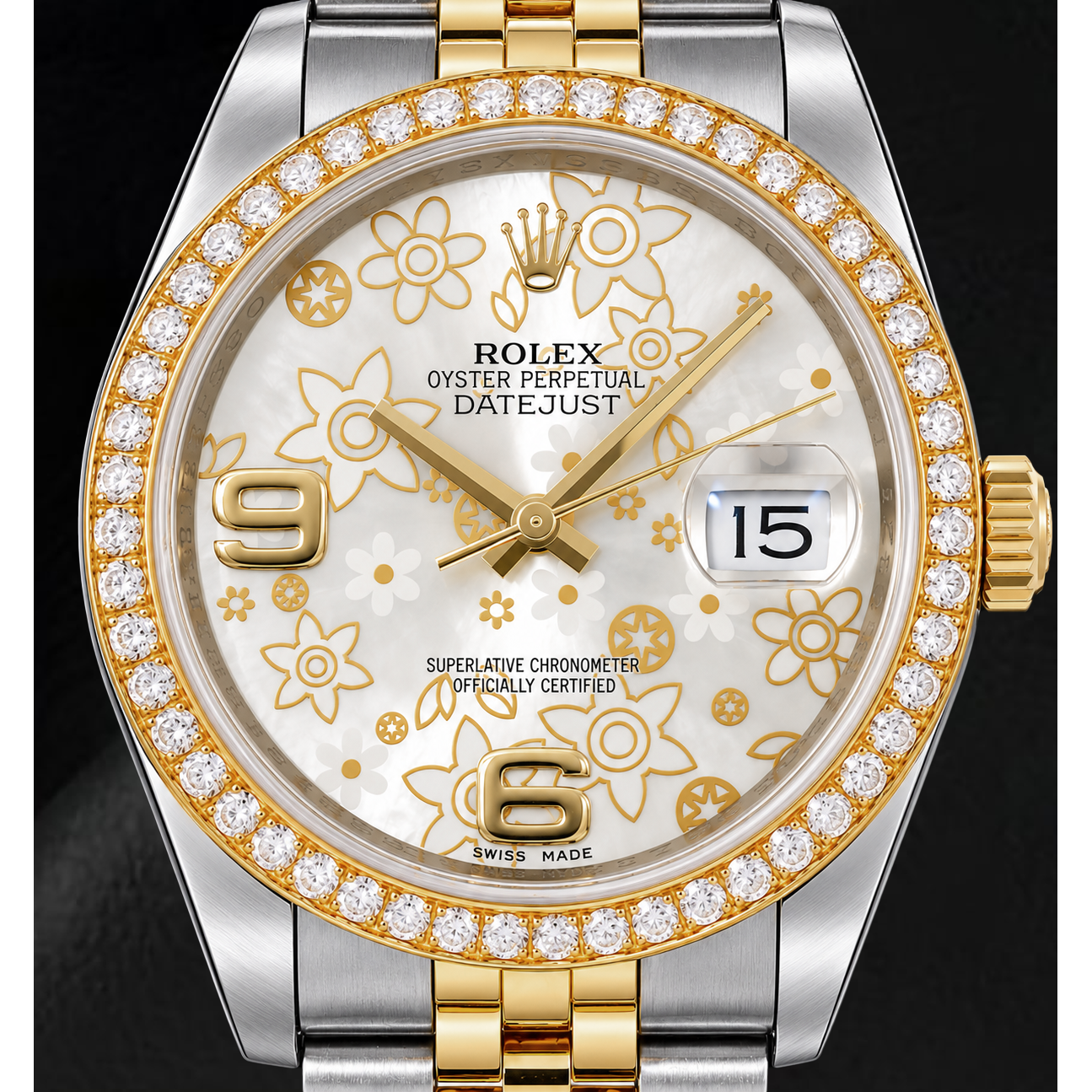 Rolex Datejust 116243 36 mm Bicolor Uhr mit silbernem floralem Zifferblatt und arabischen Ziffern