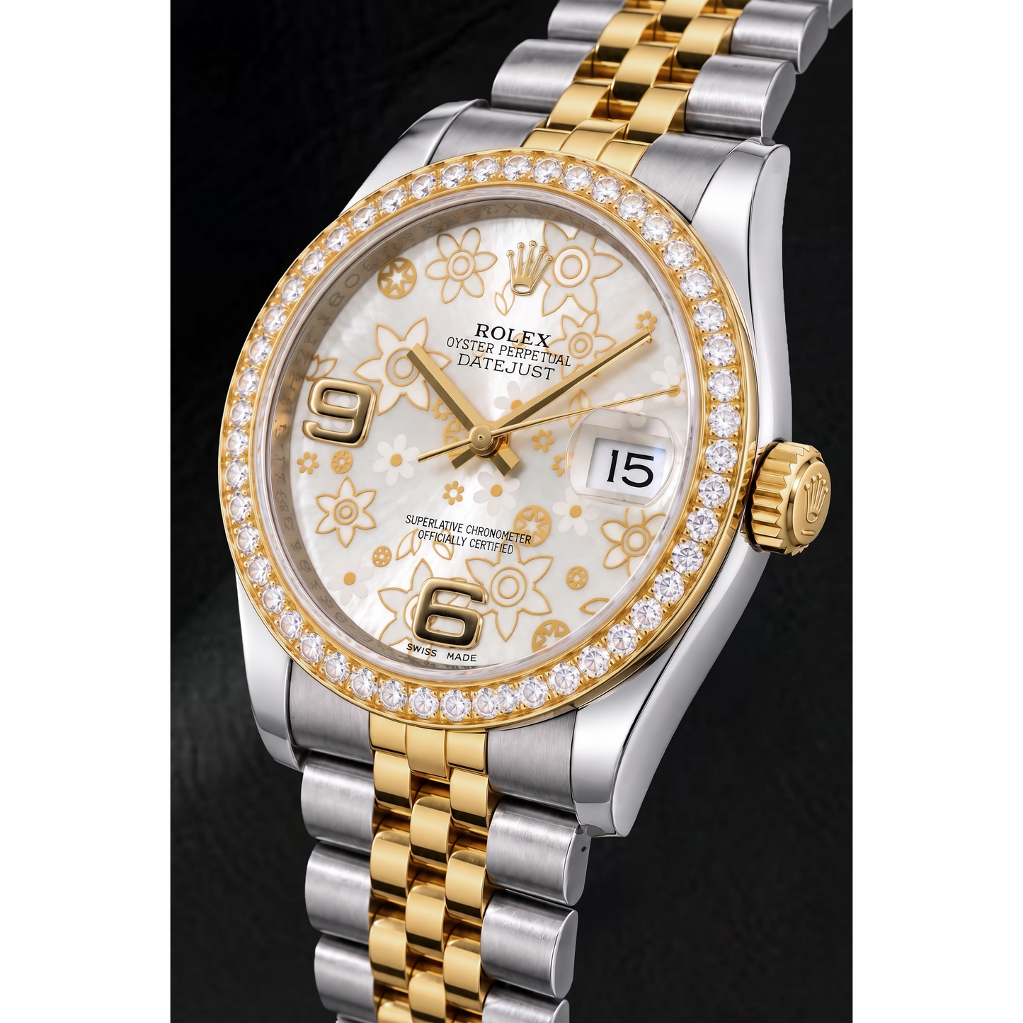 Rolex Datejust 116243 36 mm Bicolor Uhr mit silbernem floralem Zifferblatt und arabischen Ziffern