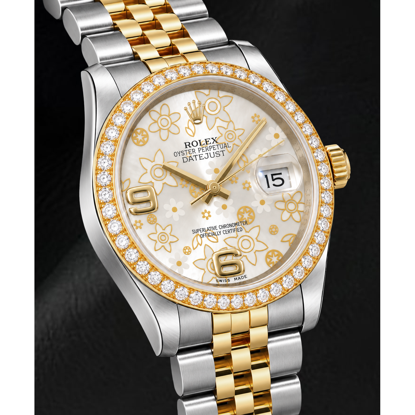 Rolex Datejust 116243 36 mm Bicolor Uhr mit silbernem floralem Zifferblatt und arabischen Ziffern