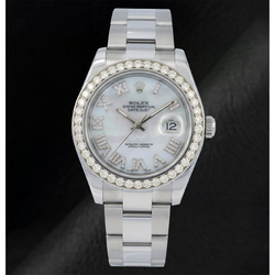Rolex Datejust 116300 41 mm Edelstahl Uhr mit weißem Perlmutt-Diamantzifferblatt und römischen Ziffern