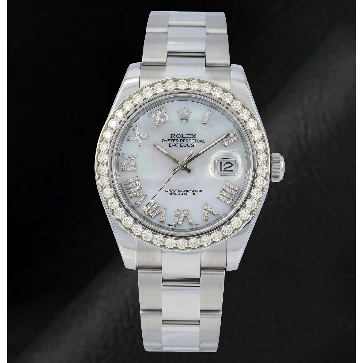 Rolex Datejust 116300 41 mm Edelstahl Uhr mit weißem Perlmutt-Diamantzifferblatt und römischen Ziffern