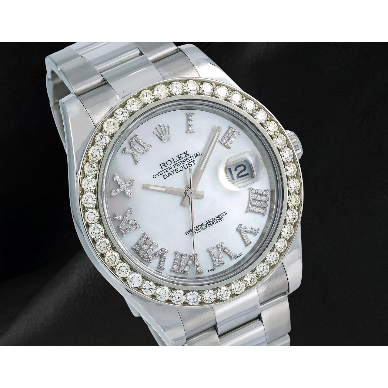 Rolex Datejust 116300 41 mm Edelstahl Uhr mit weißem Perlmutt-Diamantzifferblatt und römischen Ziffern
