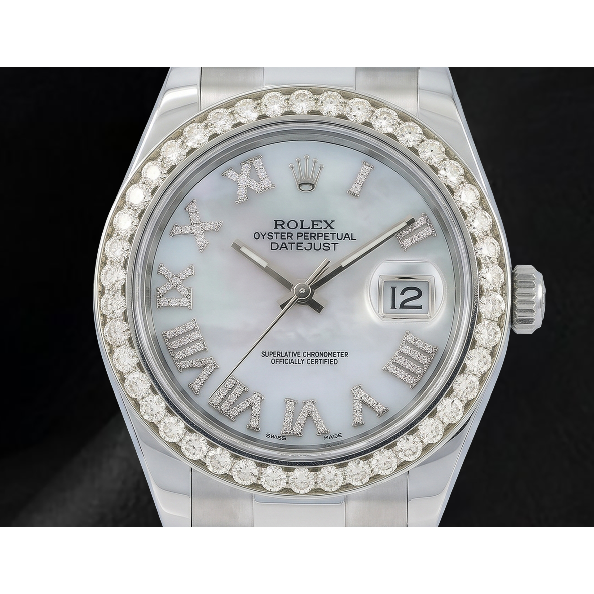 Rolex Datejust 116300 41 mm Edelstahl Uhr mit weißem Perlmutt-Diamantzifferblatt und römischen Ziffern