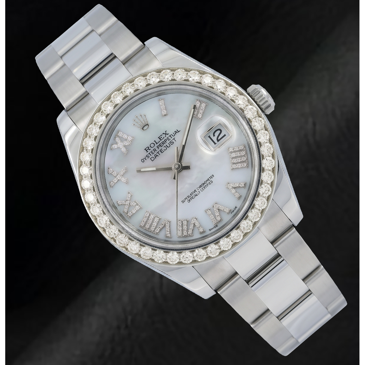 Rolex Datejust 116300 41 mm Edelstahl Uhr mit weißem Perlmutt-Diamantzifferblatt und römischen Ziffern