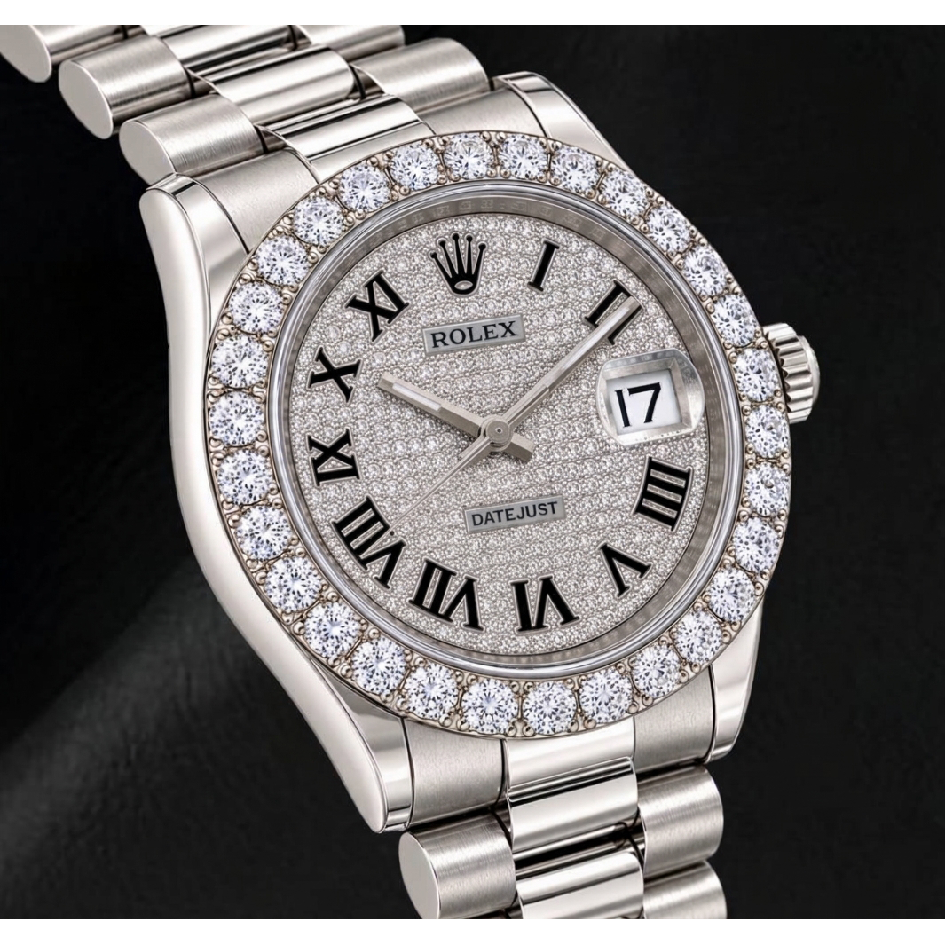 Rolex Datejust 116300 41 mm Edelstahluhr mit Diamant-Pavé-Zifferblatt und römischen Ziffern