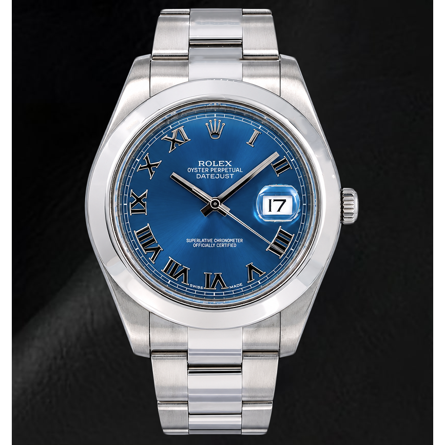 Rolex Datejust 116300 41 mm Uhr aus Edelstahl mit blauem Zifferblatt und römischen Ziffern