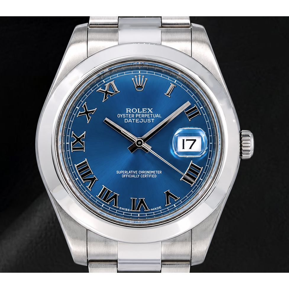 Rolex Datejust 116300 41 mm Uhr aus Edelstahl mit blauem Zifferblatt und römischen Ziffern