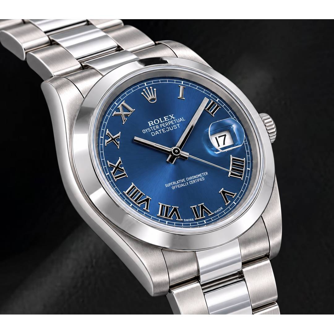 Rolex Datejust 116300 41 mm Uhr aus Edelstahl mit blauem Zifferblatt und römischen Ziffern