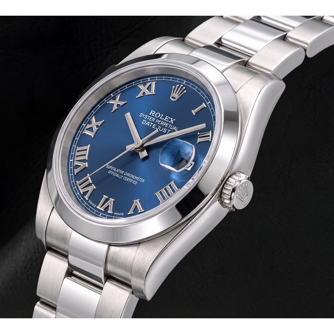 Rolex Datejust 116300 41 mm Uhr aus Edelstahl mit blauem Zifferblatt und römischen Ziffern