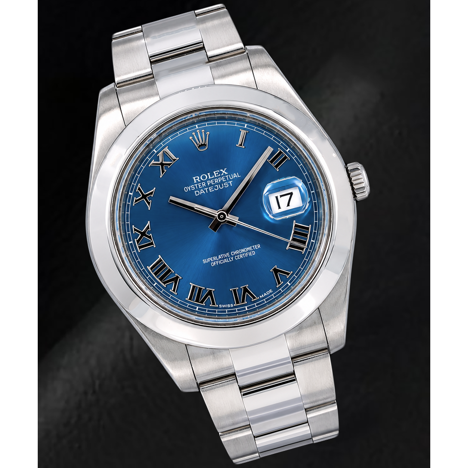 Rolex Datejust 116300 41 mm Uhr aus Edelstahl mit blauem Zifferblatt und römischen Ziffern