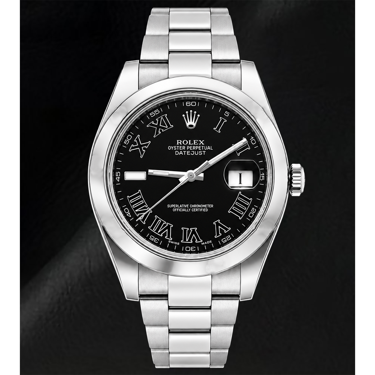 Rolex Datejust 116300 41 mm Uhr aus Edelstahl mit schwarzem Zifferblatt und römischen Ziffern