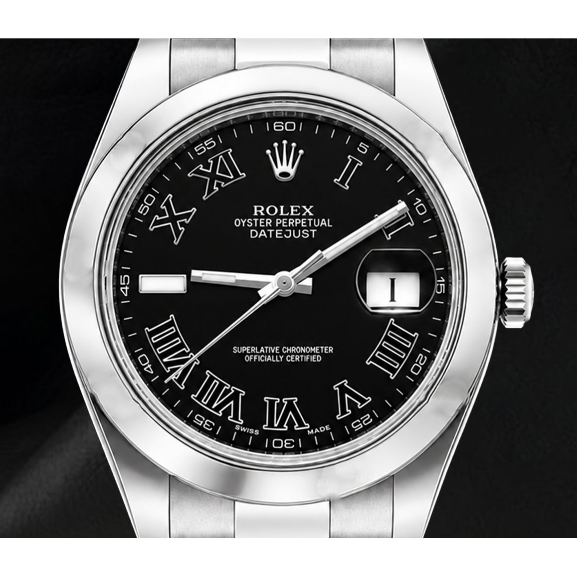 Rolex Datejust 116300 41 mm Uhr aus Edelstahl mit schwarzem Zifferblatt und römischen Ziffern