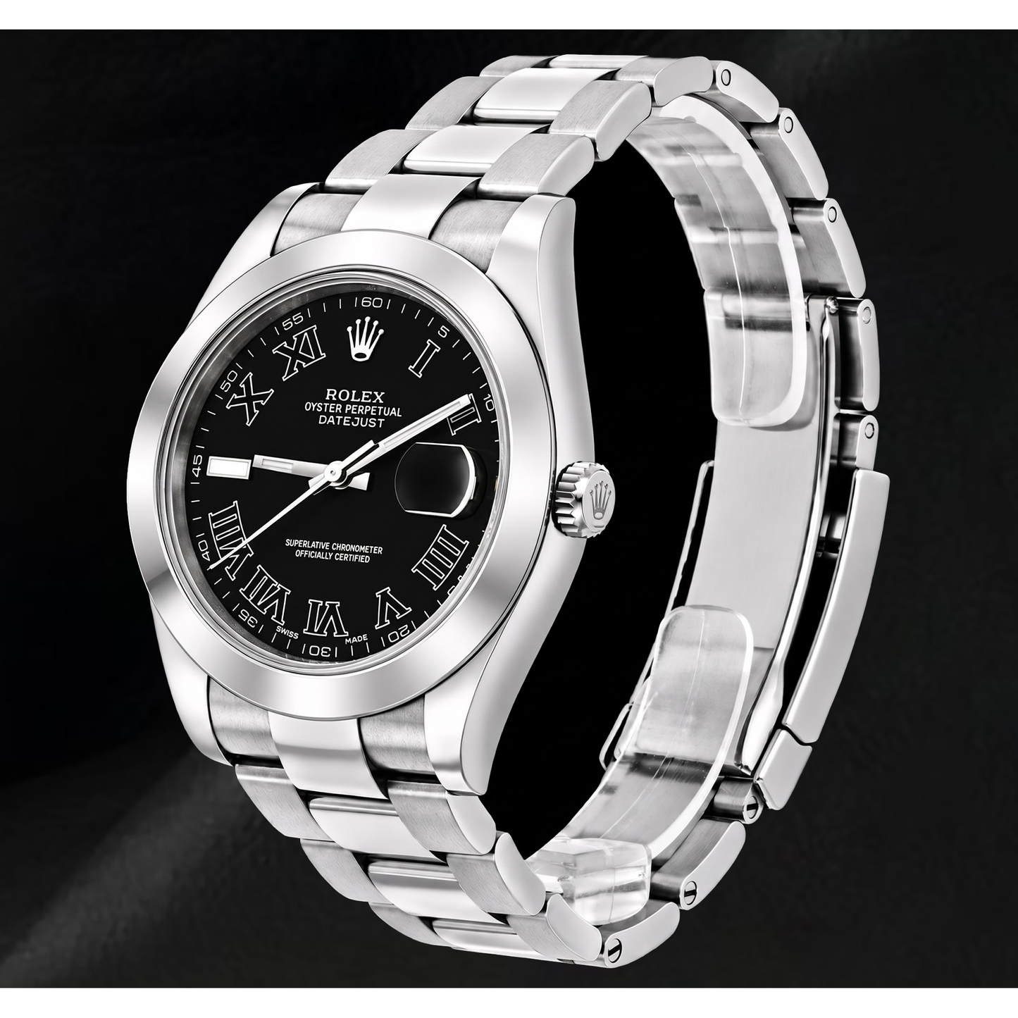 Rolex Datejust 116300 41 mm Uhr aus Edelstahl mit schwarzem Zifferblatt und römischen Ziffern
