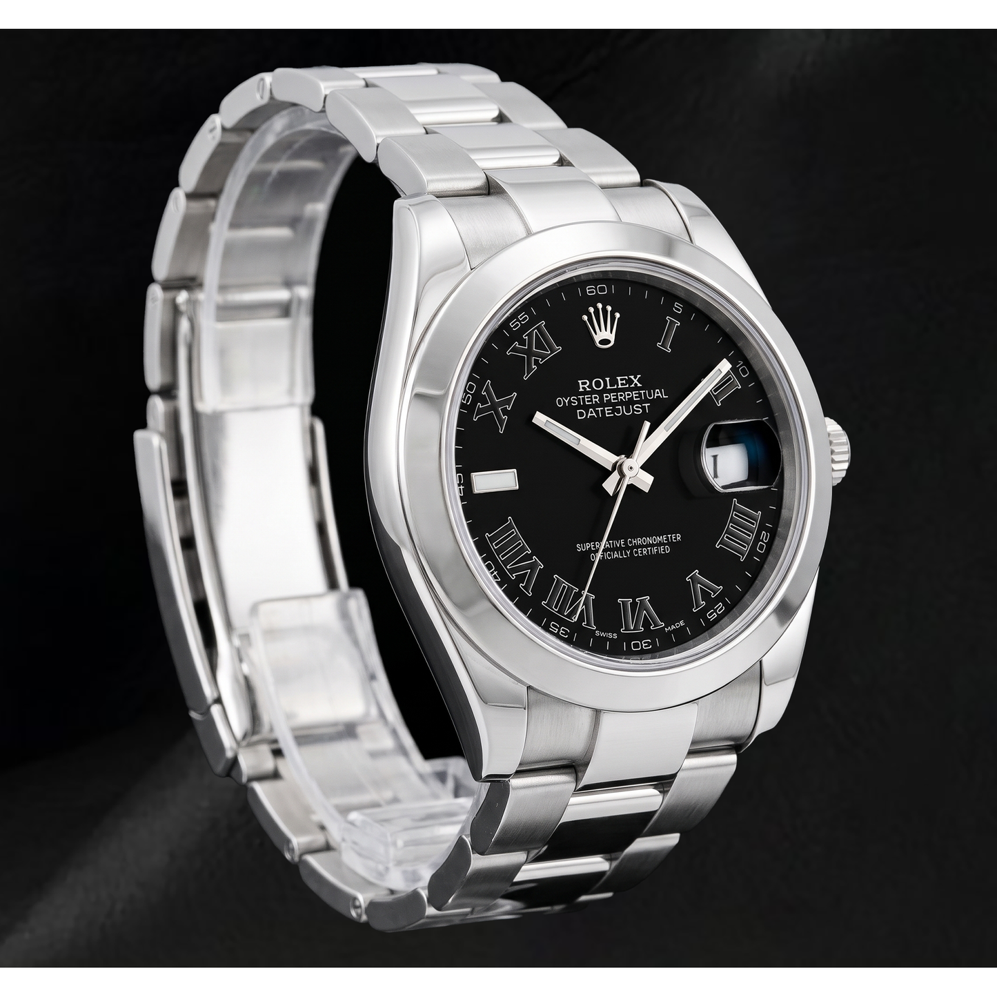 Rolex Datejust 116300 41 mm Uhr aus Edelstahl mit schwarzem Zifferblatt und römischen Ziffern
