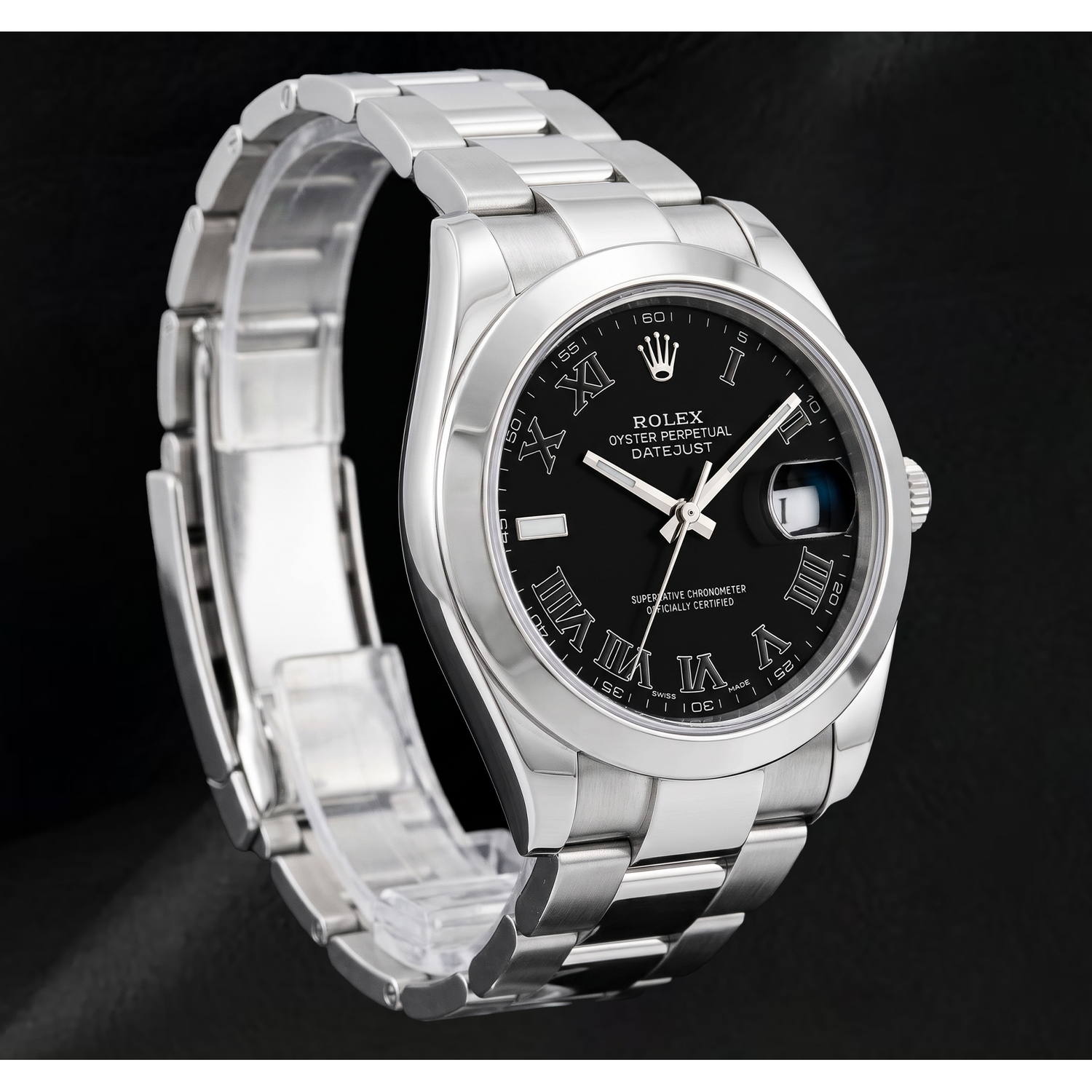 Rolex Datejust 116300 41 mm Uhr aus Edelstahl mit schwarzem Zifferblatt und römischen Ziffern