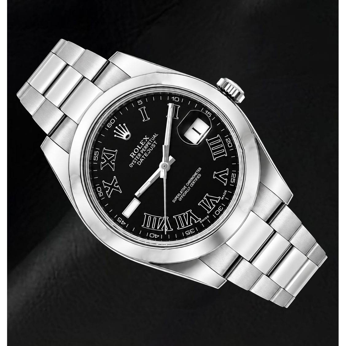 Rolex Datejust 116300 41 mm Uhr aus Edelstahl mit schwarzem Zifferblatt und römischen Ziffern