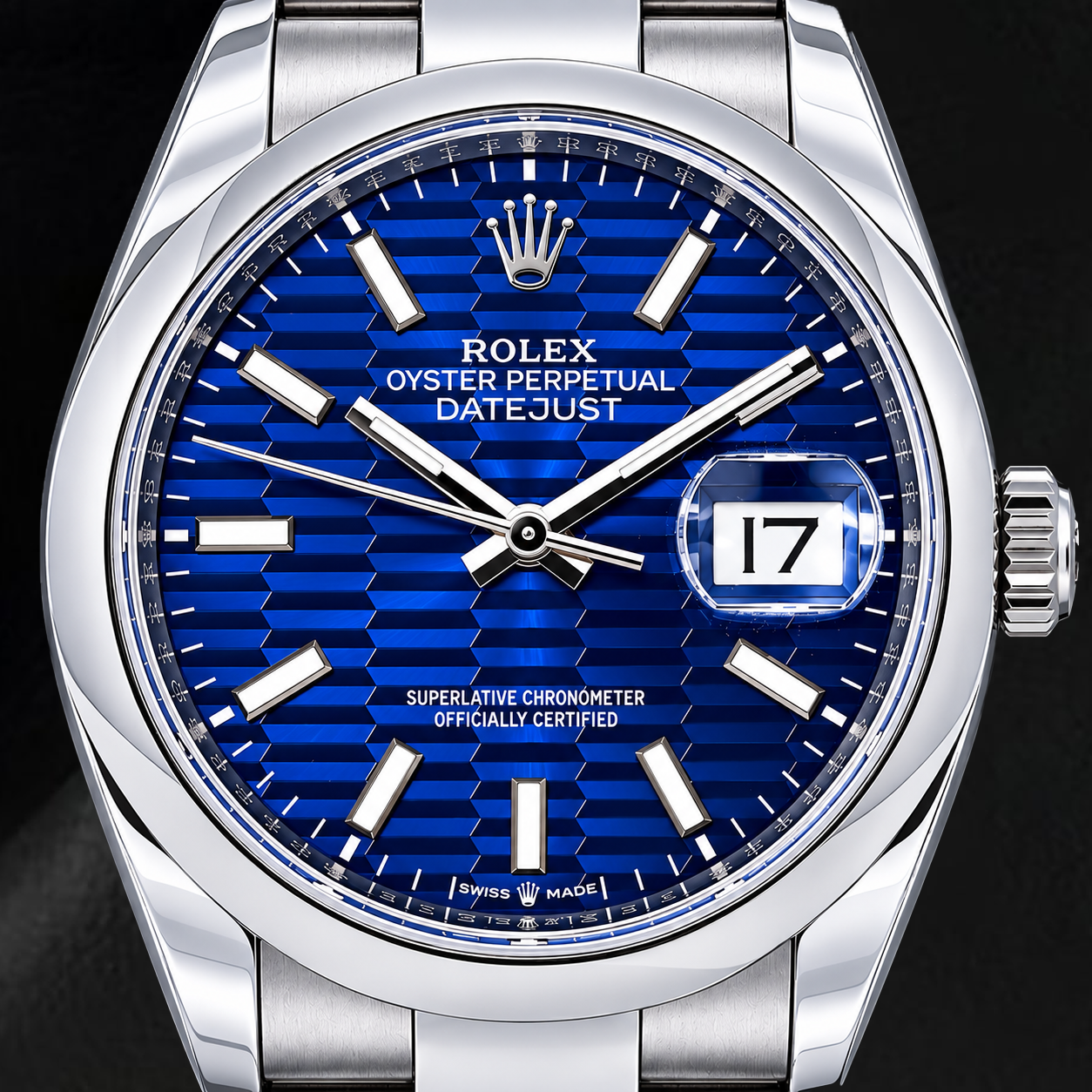 Rolex Datejust 126200 36 mm Edelstahl-Uhr mit blauem Motiv-Leuchtzifferblatt