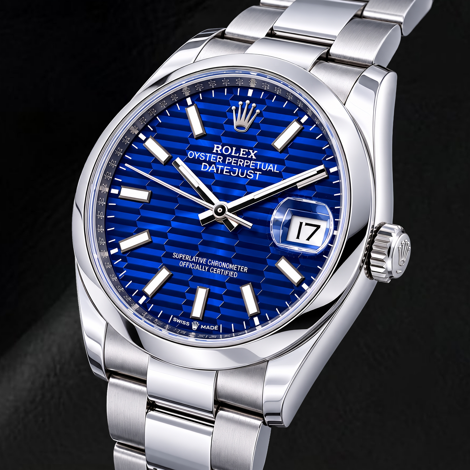 Rolex Datejust 126200 36 mm Edelstahl-Uhr mit blauem Motiv-Leuchtzifferblatt