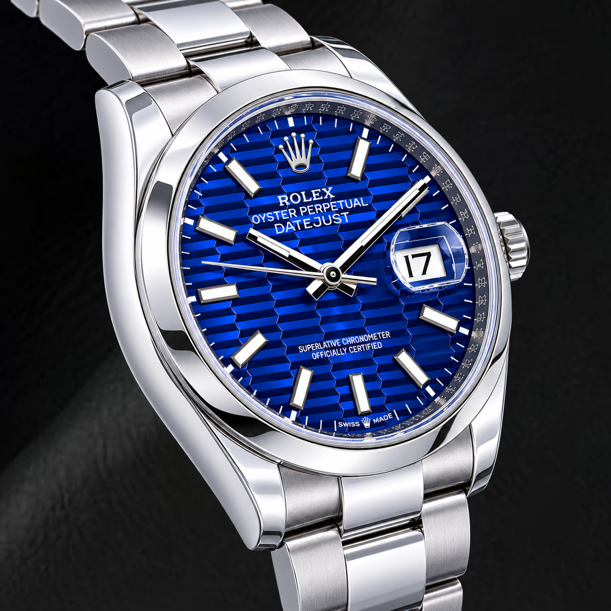 Rolex Datejust 126200 36 mm Edelstahl-Uhr mit blauem Motiv-Leuchtzifferblatt