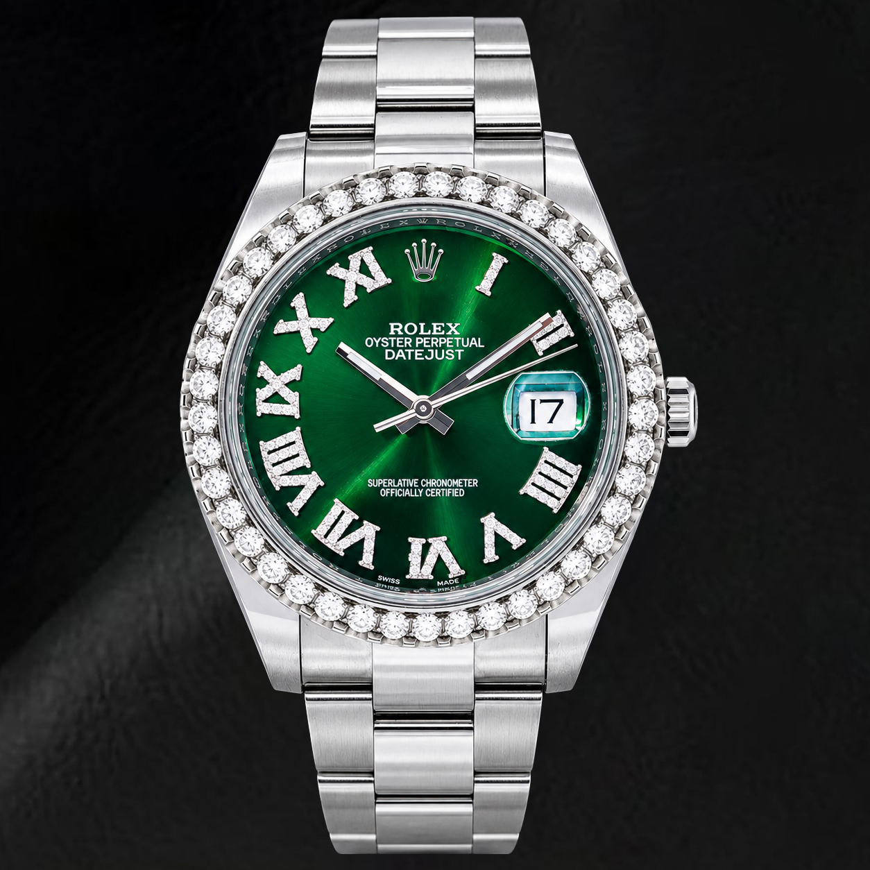 Rolex Datejust 126300 41 mm Uhr aus Edelstahl mit grünem römischem Diamantzifferblatt
