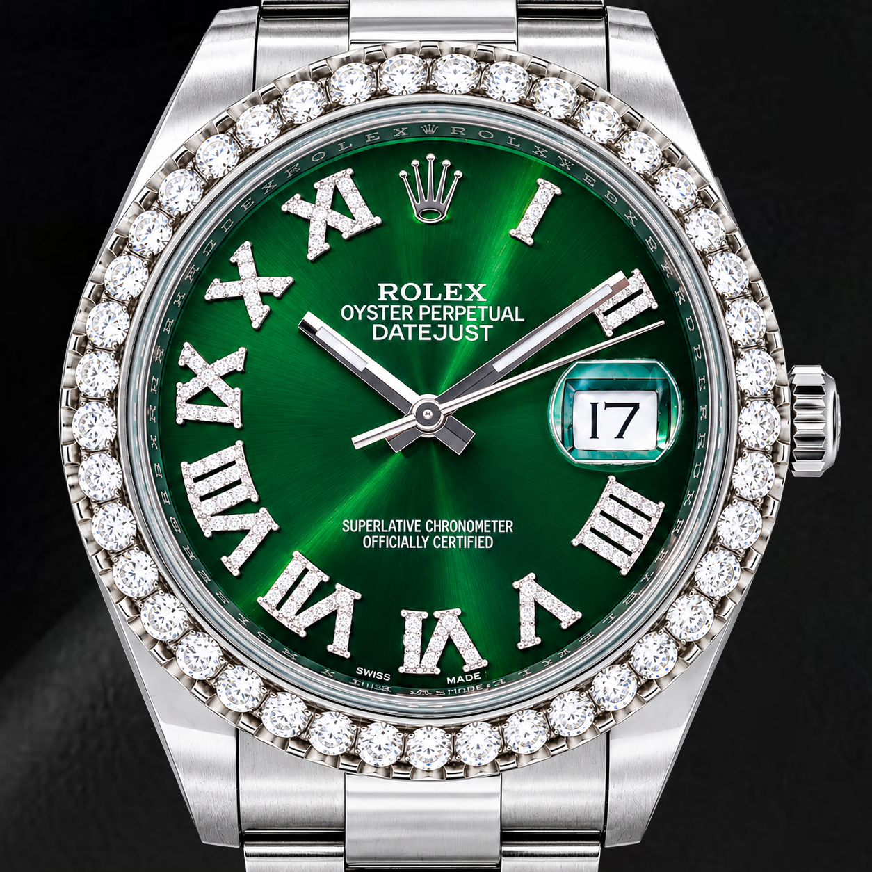 Rolex Datejust 126300 41 mm Uhr aus Edelstahl mit grünem römischem Diamantzifferblatt