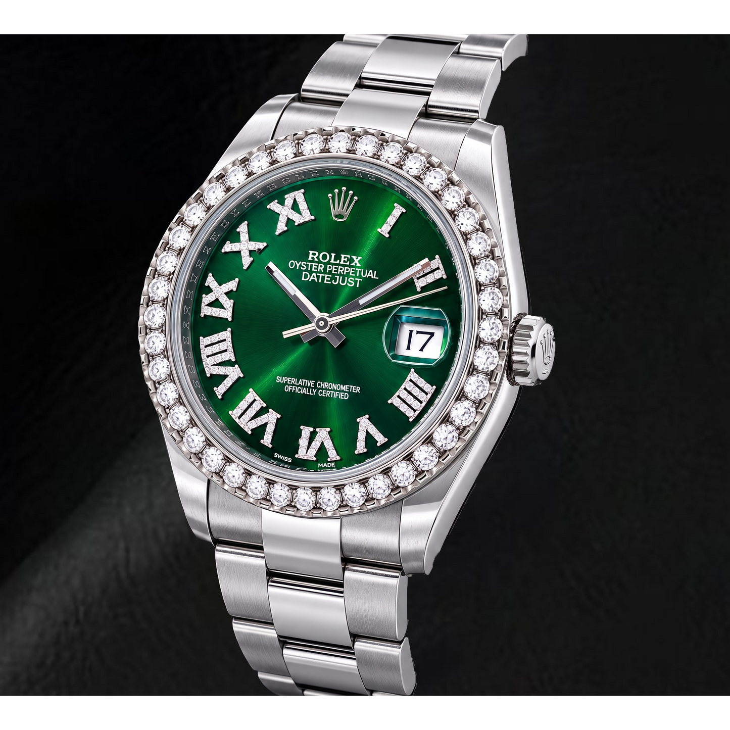 Rolex Datejust 126300 41 mm Uhr aus Edelstahl mit grünem römischem Diamantzifferblatt